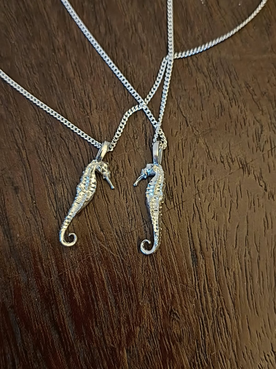 Dos dijes con forma de caballito de mar y sus cadenas